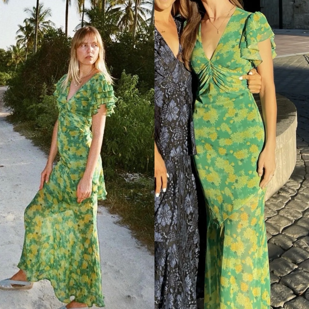 DE LA VALI Palmera Floral Print Chiffon Maxi Dress Green Sz 6 US